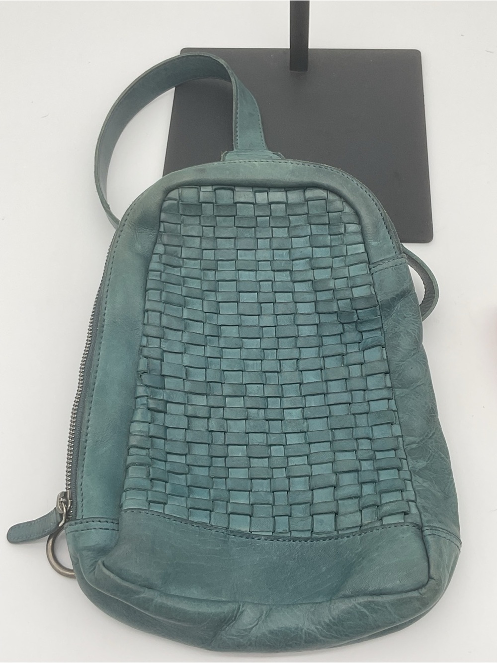 Vilenca Holland Woven Teal Leather Crossbody Bag